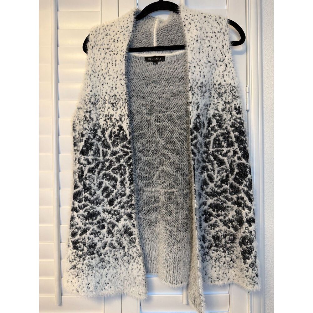 Vandana Black White Fuzzy Eyelash Knit Leopard Print Sweater Vest Cardigan M